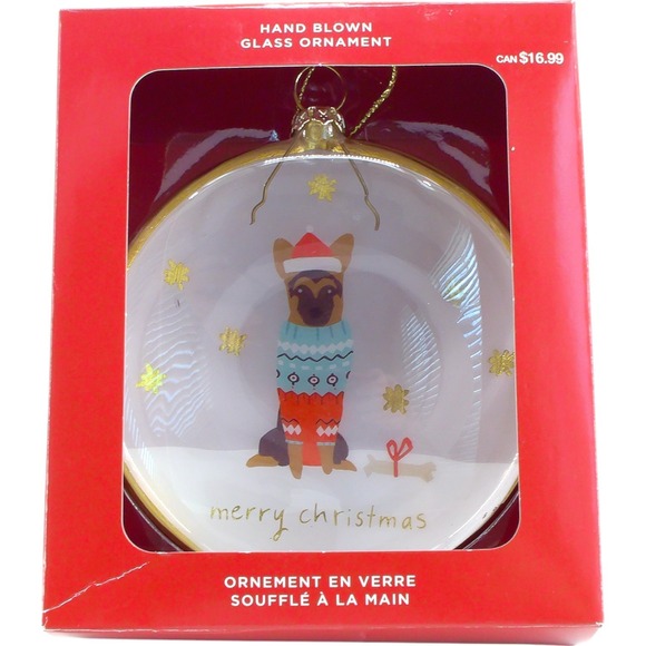FS Other - German Shepherd Christmas Ornament Hand Blown Glass Dog in Sweater & Santa Hat